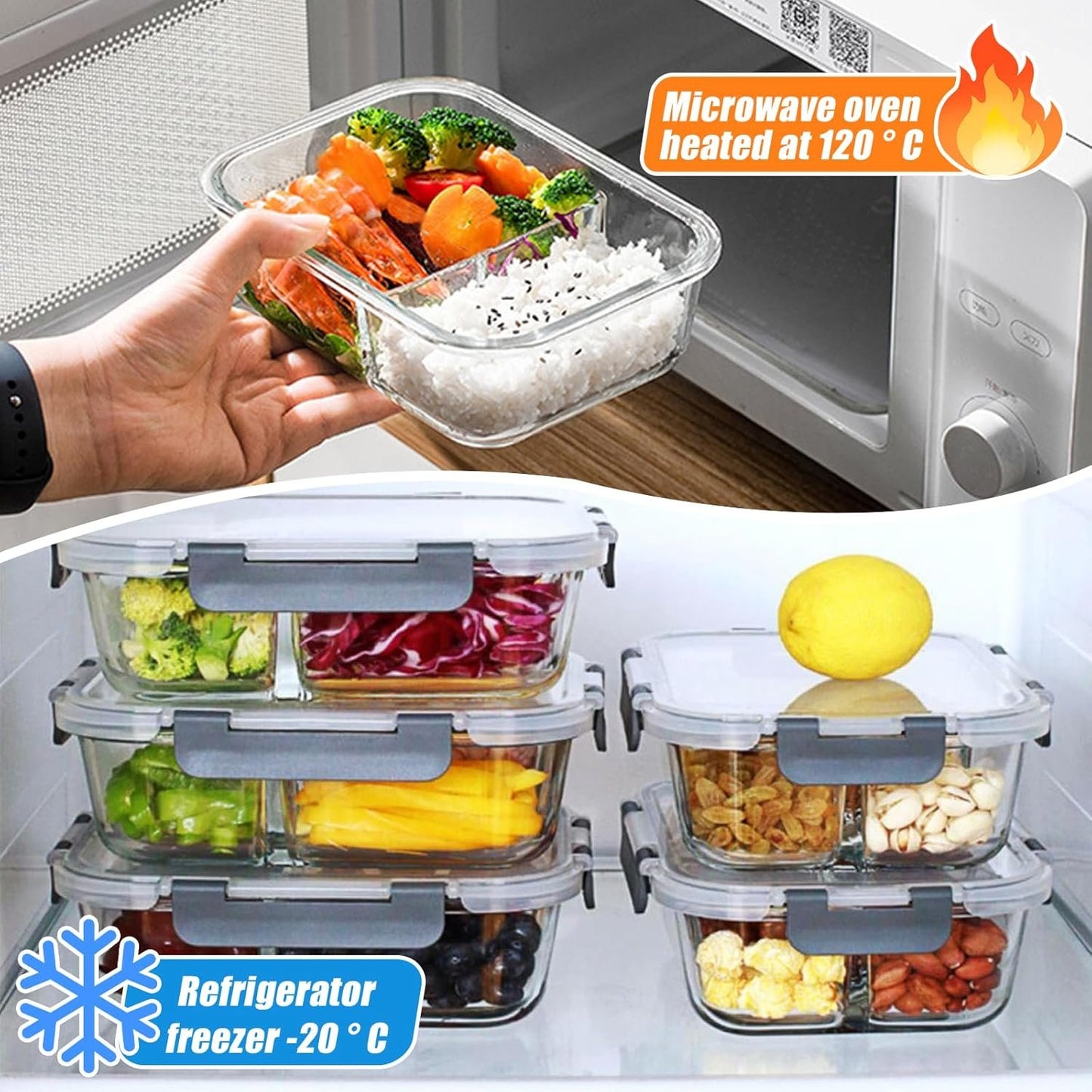 Glass Food Storage Containers(5 Pieces with Partitions,5 Pieces without Partitions),Glass Meal Prep Containers with Snap Lock Leakproof Lids,for Microwave,Freezer,Oven and Dishwasher