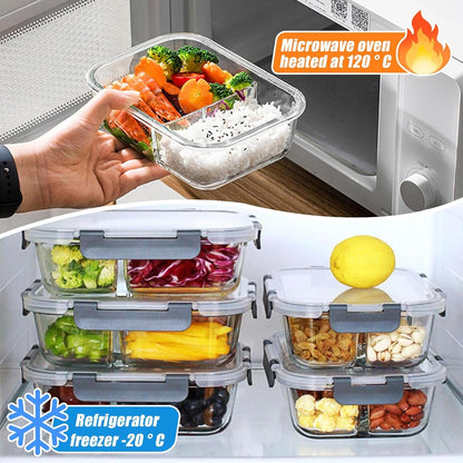 Glass Food Storage Containers(5 Pieces with Partitions,5 Pieces without Partitions),Glass Meal Prep Containers with Snap Lock Leakproof Lids,for Microwave,Freezer,Oven and Dishwasher