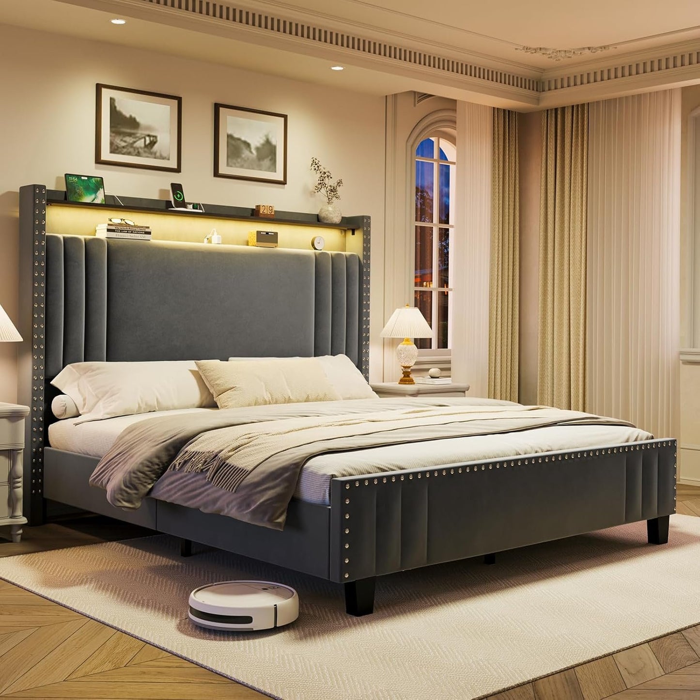 ROLETALENT Queen Bed Frame with Storage Tall Headboard & LED Light,Velvet Upholstered Bed Frame Queen Size with Charging Station,Platform Bed Frame,No Box Spring Needed Dark Grey