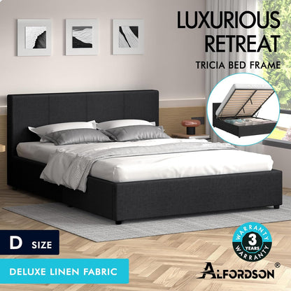 ALFORDSON Bed Frame with Gas Lift Storage Base Double Size, Bed Platform Foundation with Linen Fabric Upholstered Tufted Headboard for Mattress Topper, Tricia Fabric Charcoal