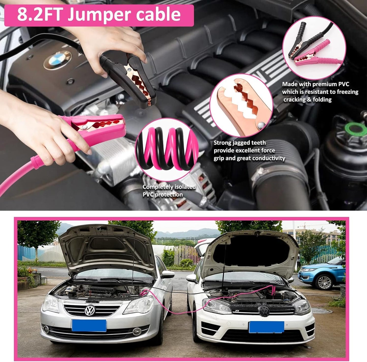 HLWDFLZ Car Roadside Emergency Kit - Pink Assistance with Jumper Cables, Auto Repair Tool Set, Deer Whistles, Winter Safety Assist for Teen Girl and Ladies