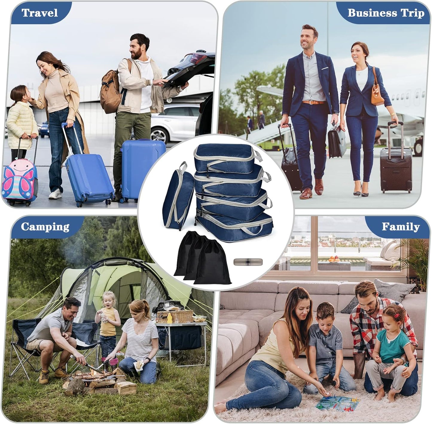 Eucomir Suitcase Organizer Set of 9 Cubes for Travel, Expandable Organizer Bags for Travel or Home Storage, Marine