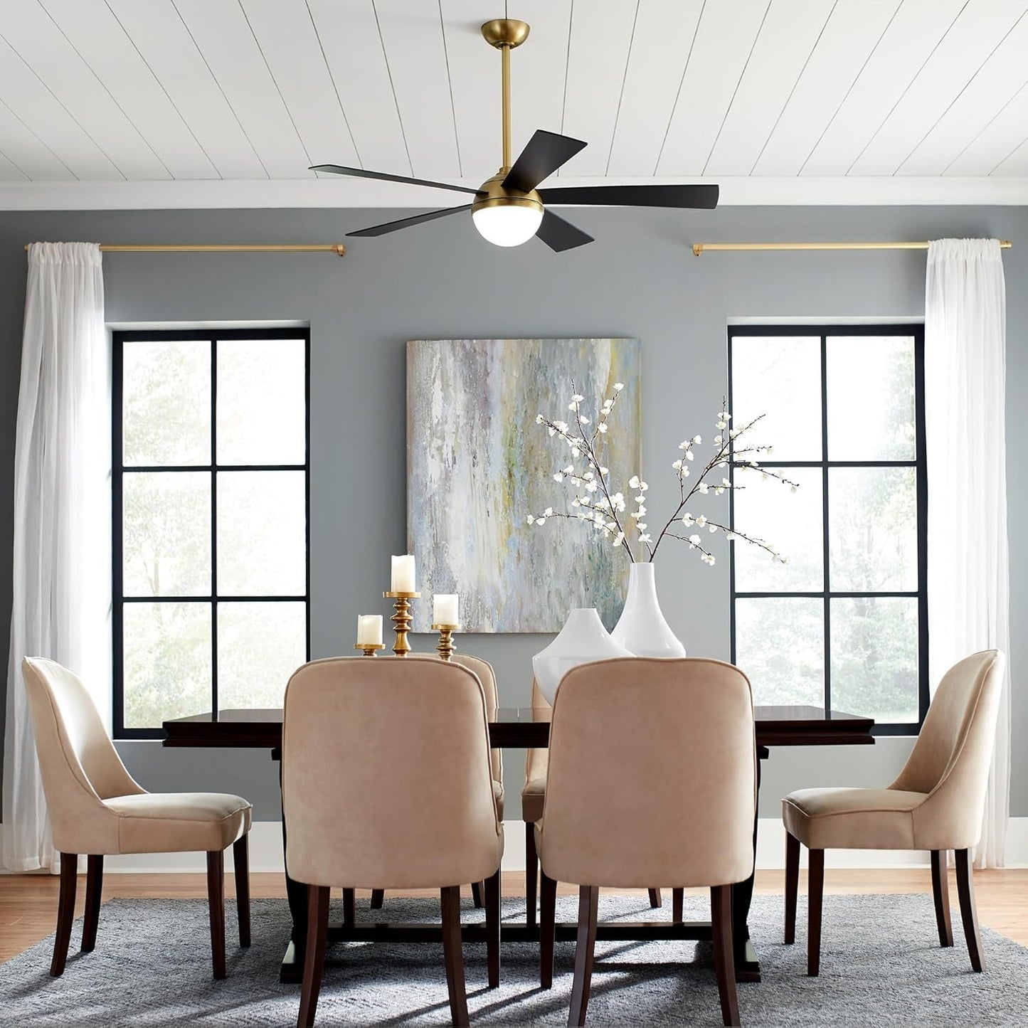 WAC Smart Fans Eclipse Indoor and Outdoor 5-Blade Smart Home Ceiling Fan 54in Satin Brass Matte White with 3000K LED Light Kit and Remote Control works with Alexa and iOS or Android App