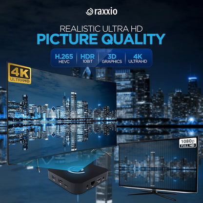 Raxxio Android TV Box 9.0 - RAX2100 Smart TV Box 4K HDR, Amlogic S905X3 Processor, 4GB RAM, 64GB ROM, WiFi 2.4G + 5G, USB 3.0, Bluetooth 4.1, Media Player with Bluetooth Remote Control
