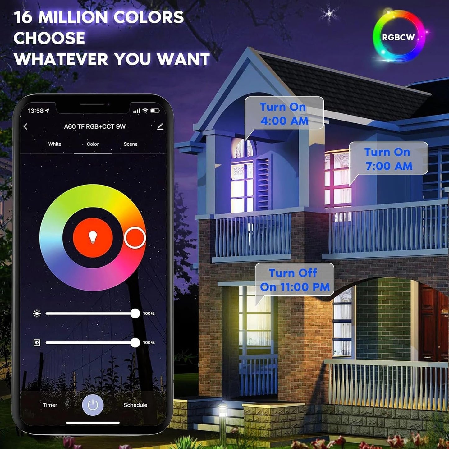 7Pandas Light Bulb Smart Wi-Fi LED Bulb Dimmable Multicolor RGBCW, E27, 60W Equivalent, Compatible with Alexa, Google Assistant, SmartThings, No Hub Required, 4 Pack