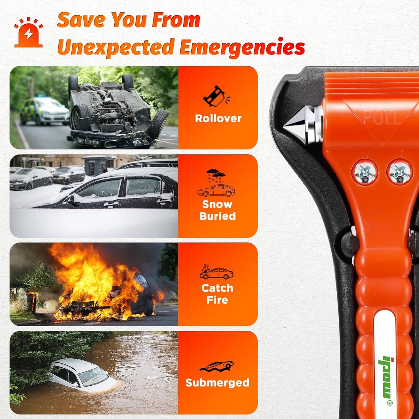 2 PCS High Carbon Steel Hard IPOW Car Safety Hammer Escape Tool with Antiskid Seatbelt Cutter, Life-Saving Emergency Glass/Window Punch Breaker Auto Rescue Disaster Hammer