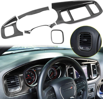 JWWY for Charger Center Consoles Dash Board Dashboard Instrument Gauge Cluster Dash Fascia Trim Panel Garnish Bezel for 2015-2025+ Dodge Charger Interior Accessories, ABS Carbon Fiber 5pcs