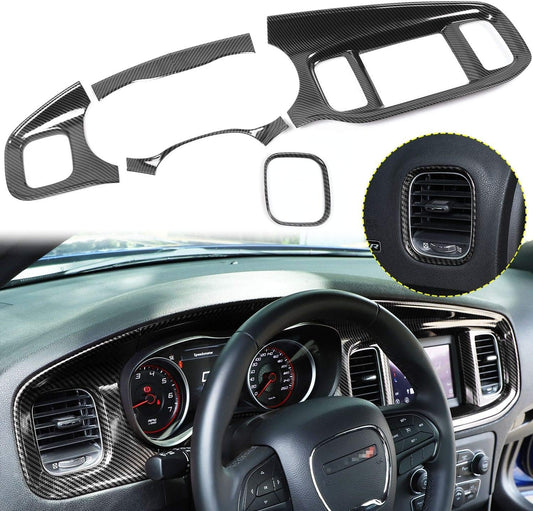JWWY for Charger Center Consoles Dash Board Dashboard Instrument Gauge Cluster Dash Fascia Trim Panel Garnish Bezel for 2015-2025+ Dodge Charger Interior Accessories, ABS Carbon Fiber 5pcs