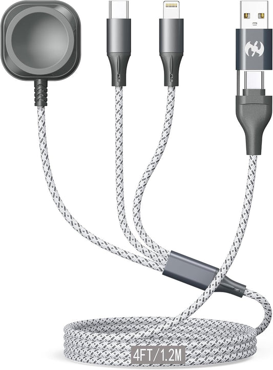 Multi Charging Cable for Apple Watch Charger 4FT Nylon Braided USB A/C Lightning Type C USB C Cord iWatch Magnetic Wireless Charger 3 in 2 Charging Wire for Apple iPhone Android Phone and iWatch