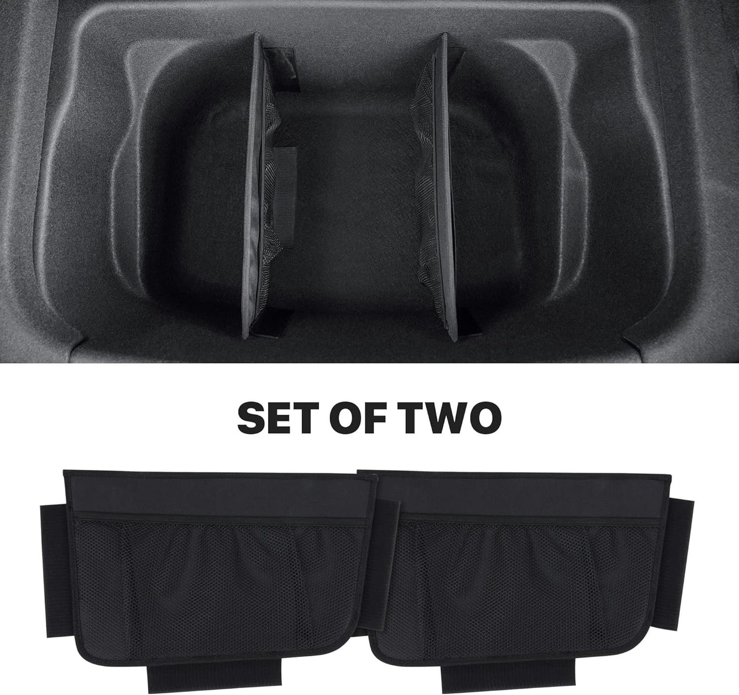 KMMOTORS Sub Trunk Divider of under-floor Compatible for Model Y, Model 3 – Hidden Trunk Organizer – Dividers with Mesh Pockets for Storage Separation (Set of 2)