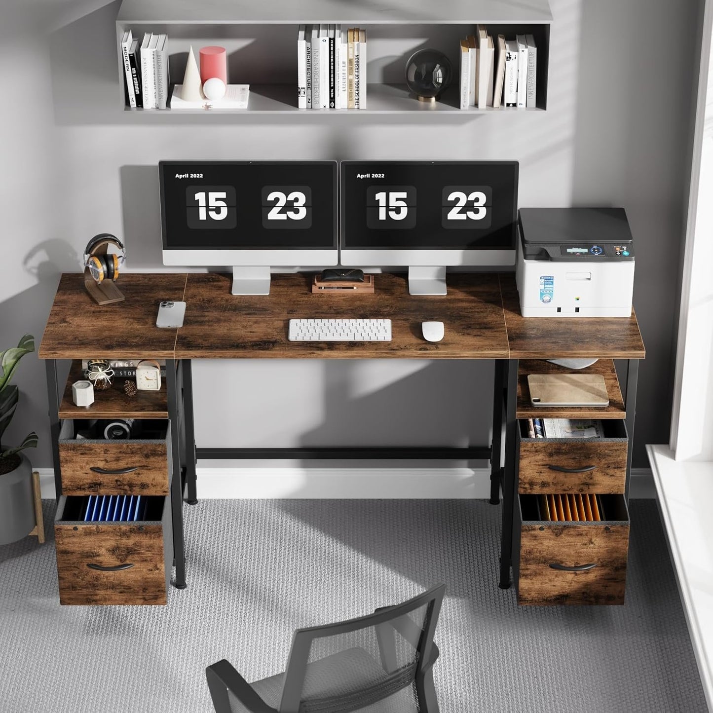 YAOHUOO Computer Desk with 4 Fabric Drawers Organizer - 63"/160 Office Desks with File Drawer Organization, PC Work Desk Study Writing Table Workstation for Home Office Space Rustic Brown