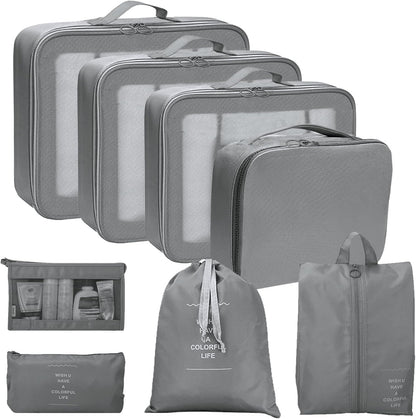 My Corgi Living 8-Piece Cube Travel Luggage Organizer Set - Efficient Luggage Separators & Travel Storage Cubes with Toiletry Makeup Bag, Shoe Bag - Perfect for Families, Men & Women (Grey)