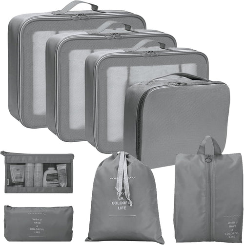 My Corgi Living 8-Piece Cube Travel Luggage Organizer Set - Efficient Luggage Separators & Travel Storage Cubes with Toiletry Makeup Bag, Shoe Bag - Perfect for Families, Men & Women (Grey)