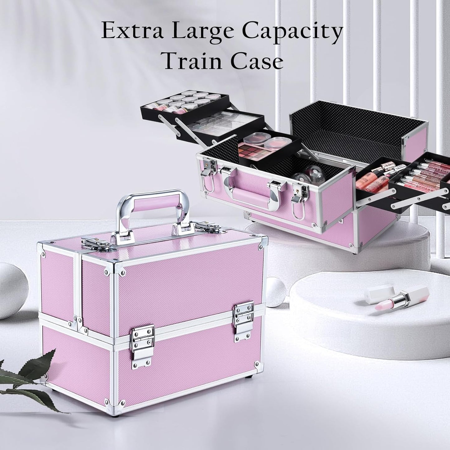 Professional Makeup Case Large Size Cosmetic Case Cosmetic Case Makeup Organizer 6 Trays Lockable, pink, L