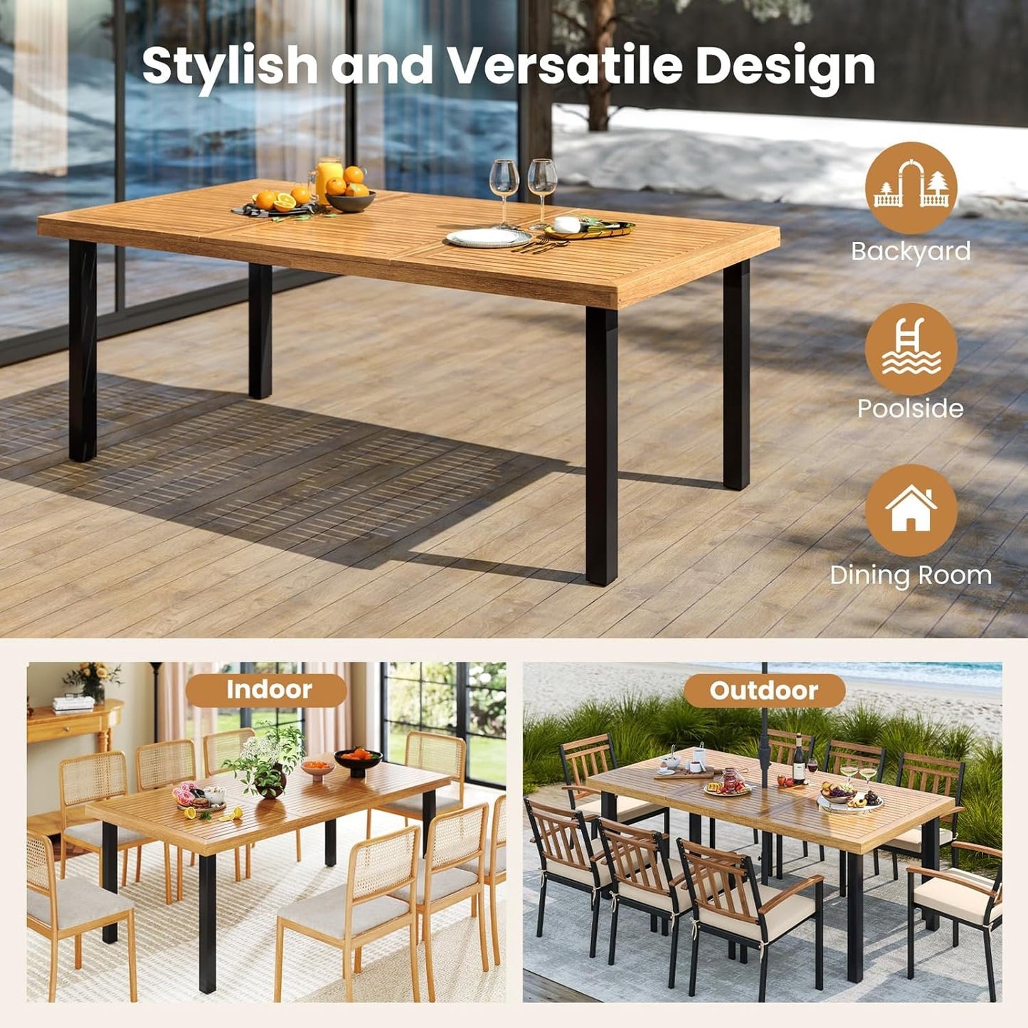 RELAX4LIFE Patio Outdoor Dining Table for 8, 79’’ x 39.5’’ Acacia Wood Rectangular Table w/Slatted Top, Umbrella Hole & Metal Legs, Indoor Outdoor Picnic Bistro Table, 8-Person Patio Dining Table
