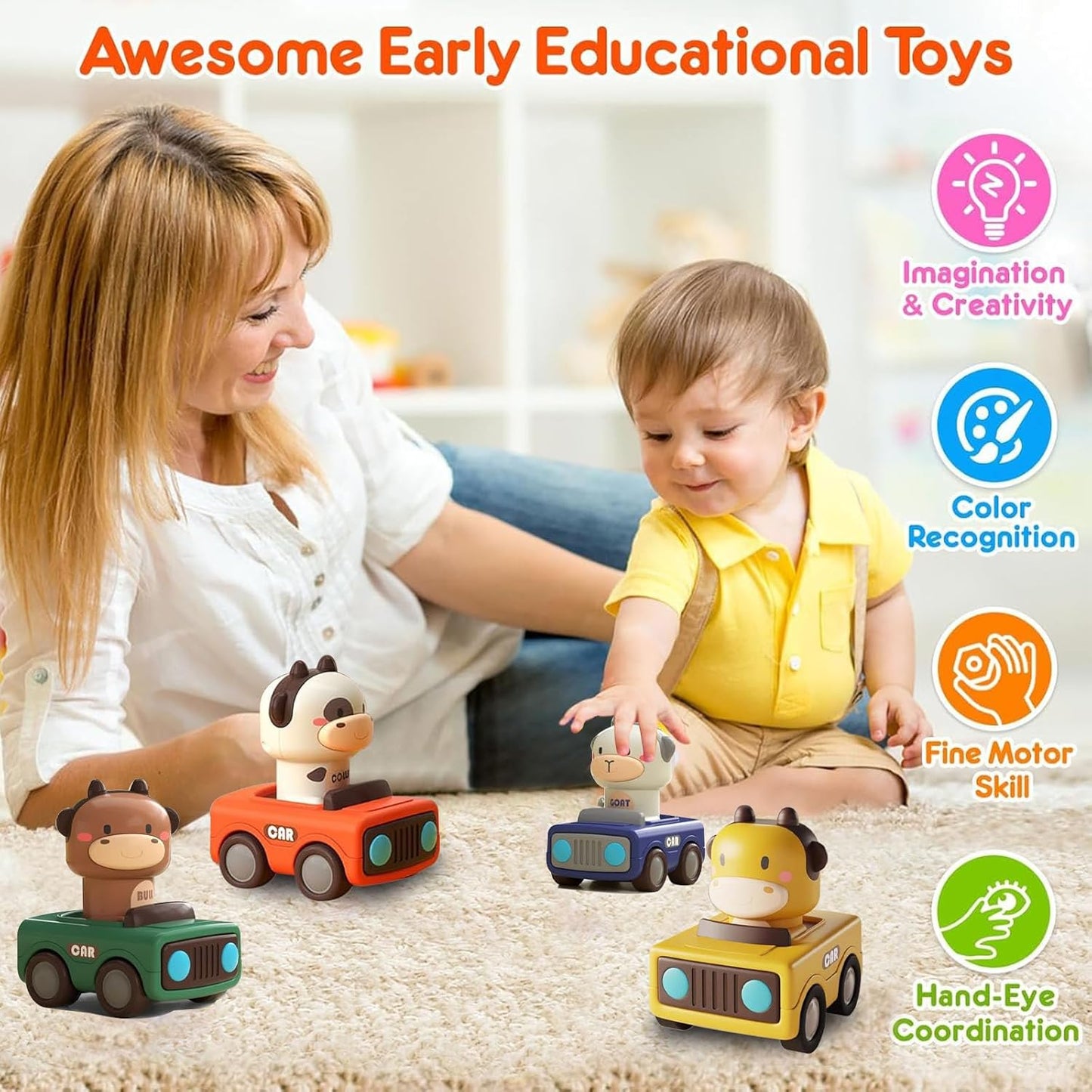 Press & Go Car Toy for Toddlers 1-3, Baby Animal Racing Cars, Infant Play Vehicle Set, Baby Push Go Friction Car Toys for 6-9-12-18 Months, 1st Birthday for 1-2 Years Old Boys