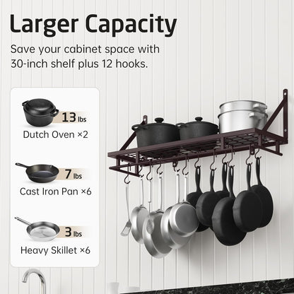 KES 30-Inch Oiled Bronze Pot Rack, Wall Mounted Hanging Pot and Pan Organizer with 12 Sturdy Hooks, Kitchen Wall Hanger Shelves Farmhouse Style, KUR215S75A-OB