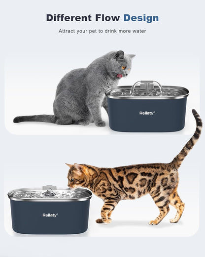 Cat Water Fountain Stainless Steel: 3.2L/108oz Pet Fountain Water Bowl Automatic Drinking Dispenser Cat Feeding & Watering Supplies, Ultra-Quiet Pump & Replacement Filter for Cats Inside(Navy)