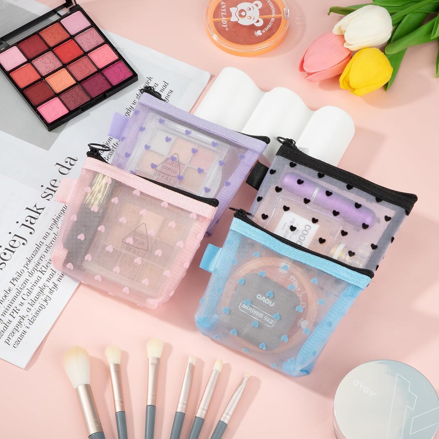 Mini Mesh Bags with Zipper, 4 Pieces, Small Clutch Make Up Transparent Cosmetic Bag for Girls Organization Toiletries Travel (Black/Purple/Blue/Pink), ['Black', 'Lila', 'Blue', 'Pink']
