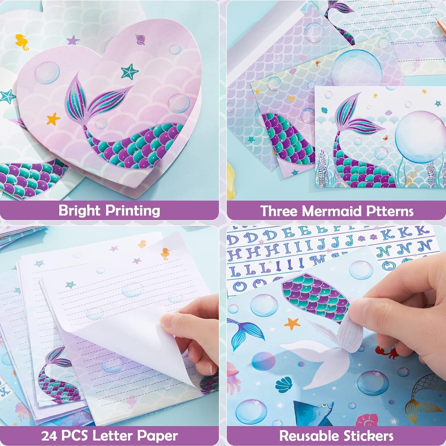 Mermaid Paper and Envelopes Set - 69PCS Magical Mermaid Stationery Paper for Kids Girls Christmas Birthday Gifts Stationery Letter Writing Set Envelopes Greeting Cards Stickers Ballpoint Pen Gift Box