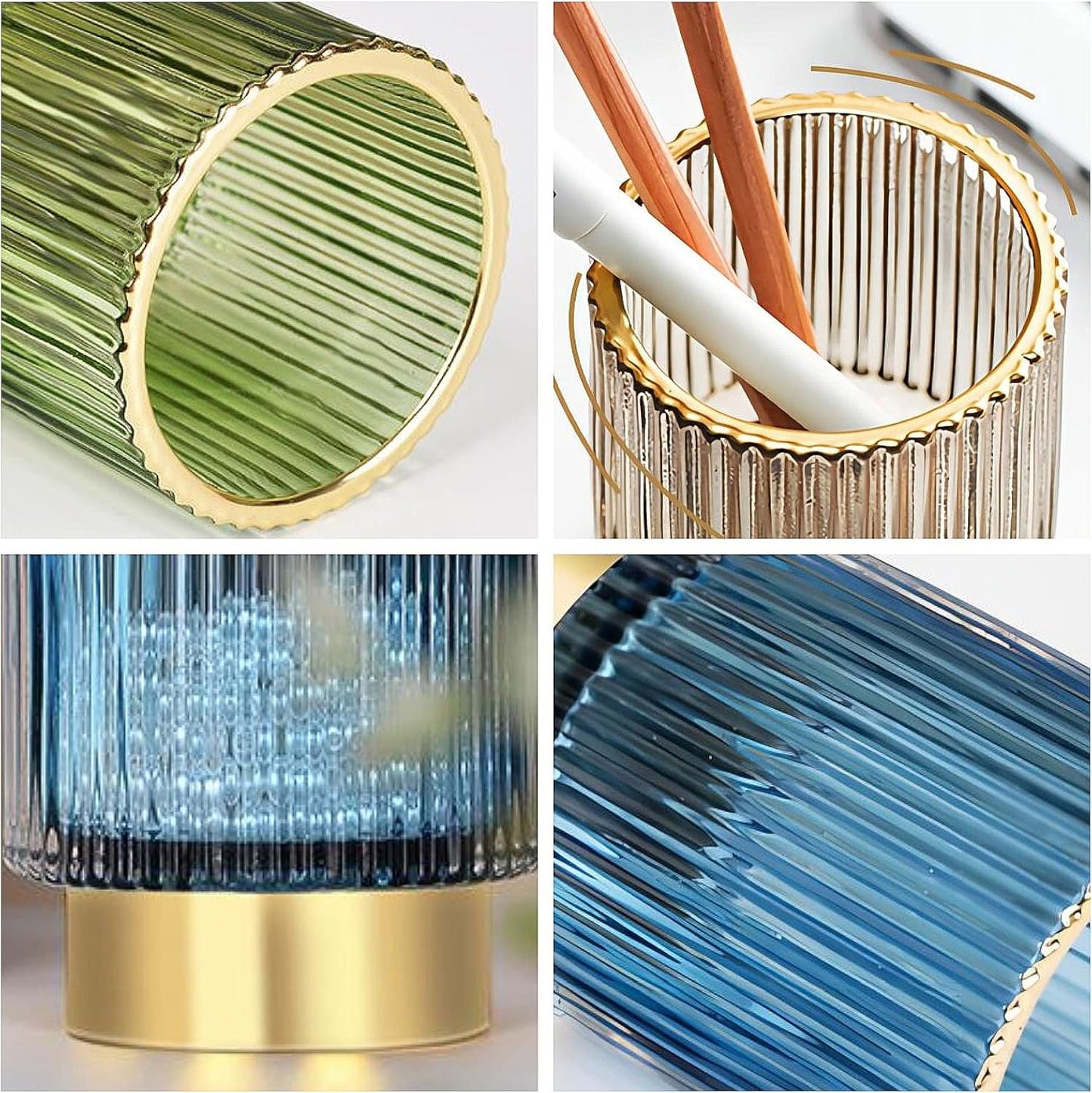 DASITON Makeup Brush holder Organizer,Crystal Cosmetic Makeup Brush Glass Brushes Storage Holder, Vintage Make Up Brush Cup Pen Pencil Holder striped vase(Green S+L）