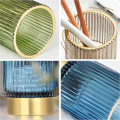 DASITON Makeup Brush holder Organizer,Crystal Cosmetic Makeup Brush Glass Brushes Storage Holder, Vintage Make Up Brush Cup Pen Pencil Holder striped vase(Green S+L）