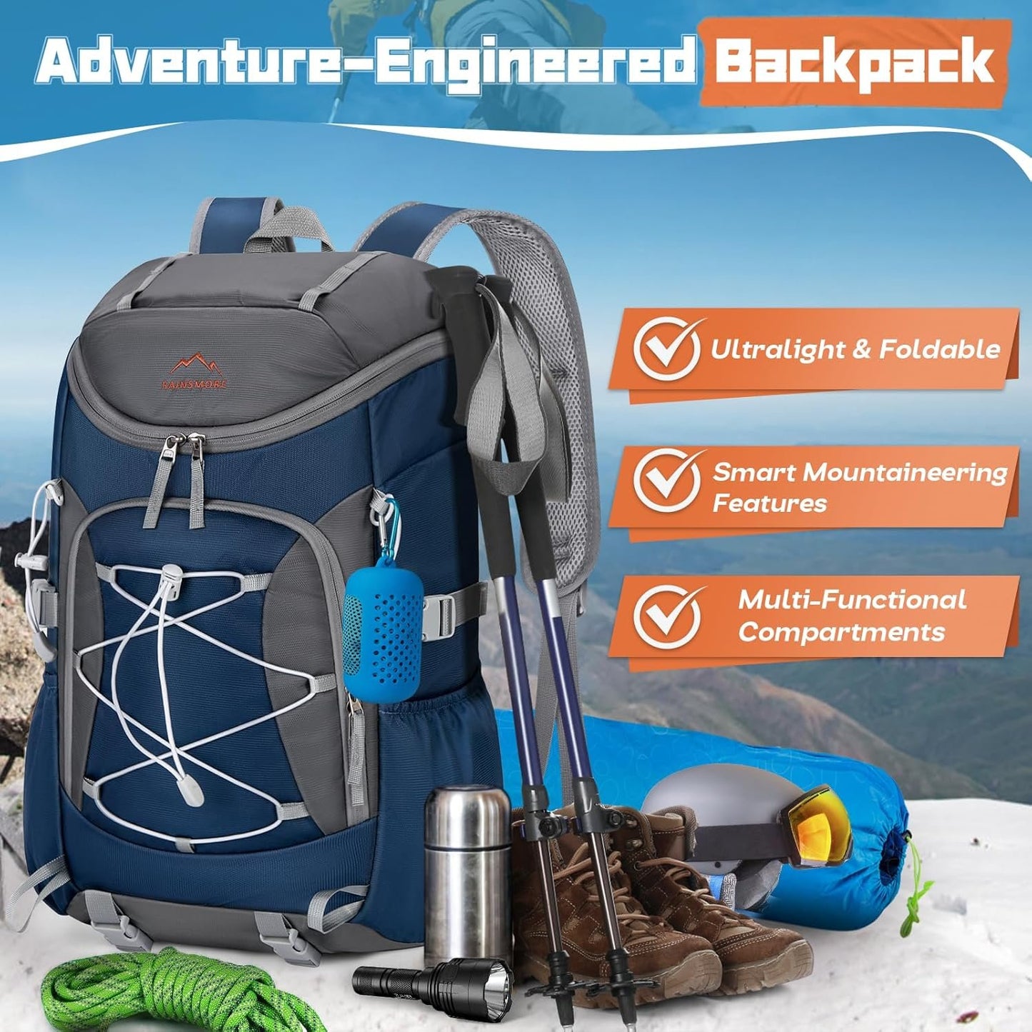 RAINSMORE Packable Hiking Backpack for Men Women Foldable Camping Backpack 40L Waterproof Hiking Daypack Lightweight