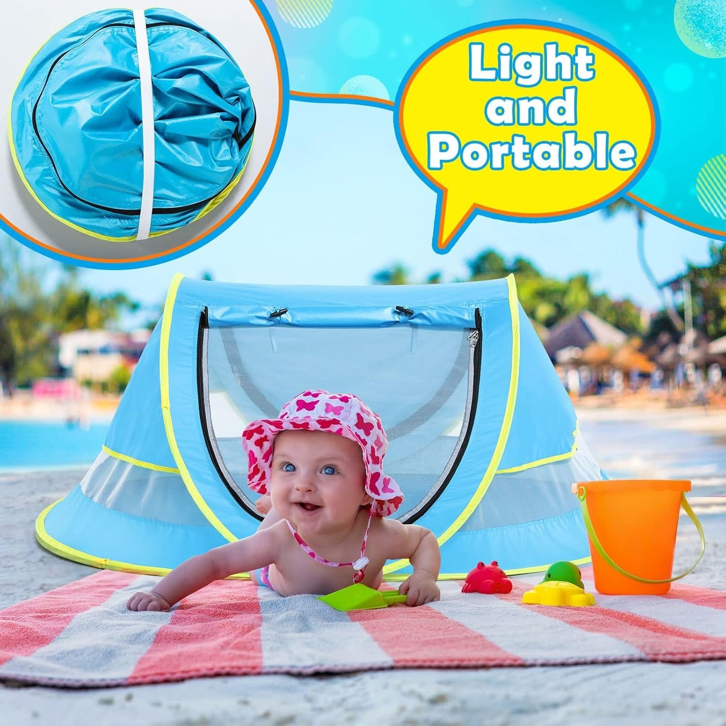 Wilhiker Baby Beach Tent Pop Up: Blue Pop Up Tent with Sun Hat - Kids Sun Tent Portable Uv Protection Tent Baby - Beach Tent for Outdoor Travel Folding Toddler Camping Accessories Sun Shade