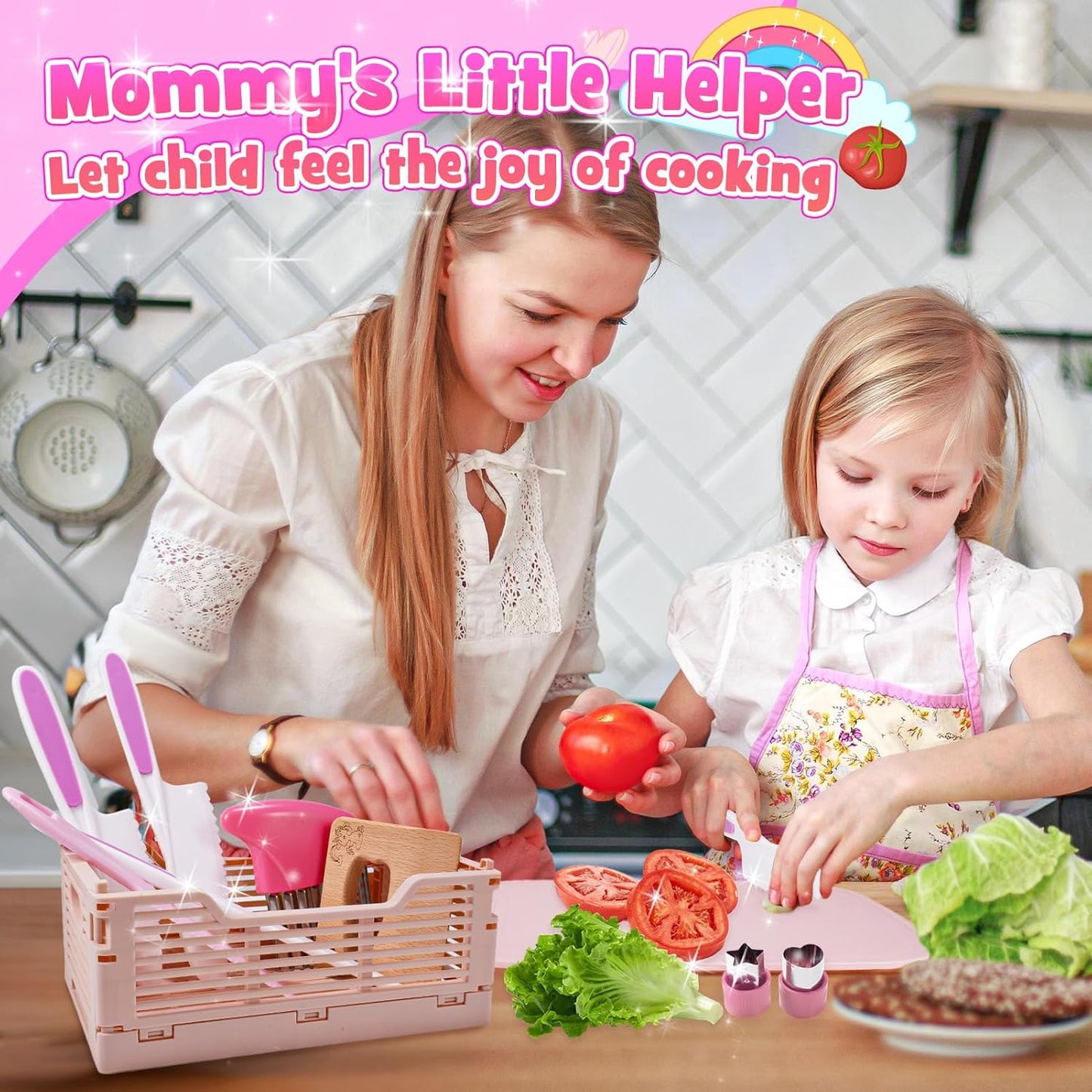 Kids Knife Set for Girls, Vingtank Real Cooking Toys for 3 4 5 6 7 Year Old Girl Gifts Montessori Kitchen Tools for Toddlers Girls Toys Age 3-5 4-6 Cutting Board Safe Knives Birthday Gift Pink