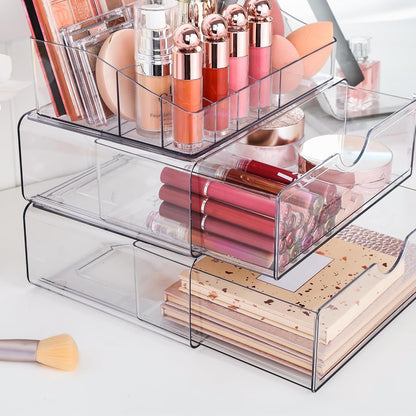 Vtopmart 3 Tier Clear Makeup Organizer with Drawer, Cosmetic Storage for Dresser Countertop and Bathroom Vanity, Skincare Organizer for Lipstick Brush Holders