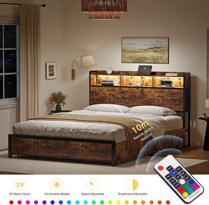 HAUSOURCE Queen Bed Frame with 2-Tier Storage Headboard and 2 Drawers LED Lights Bed Frame Queen Size Metal Platform Non-Slip Without Noise No Box Spring Needed Brown