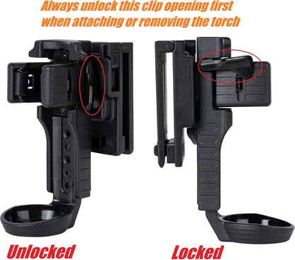 TACNEX Quick Release Flashlight Holder w/Duty Belt/MOLLE Vest Clip Tactical Torch Holster Rotatable Light Carry Case Support Stand fit 1"-1.25" Diameter Flashlight for Police Leo Security Military