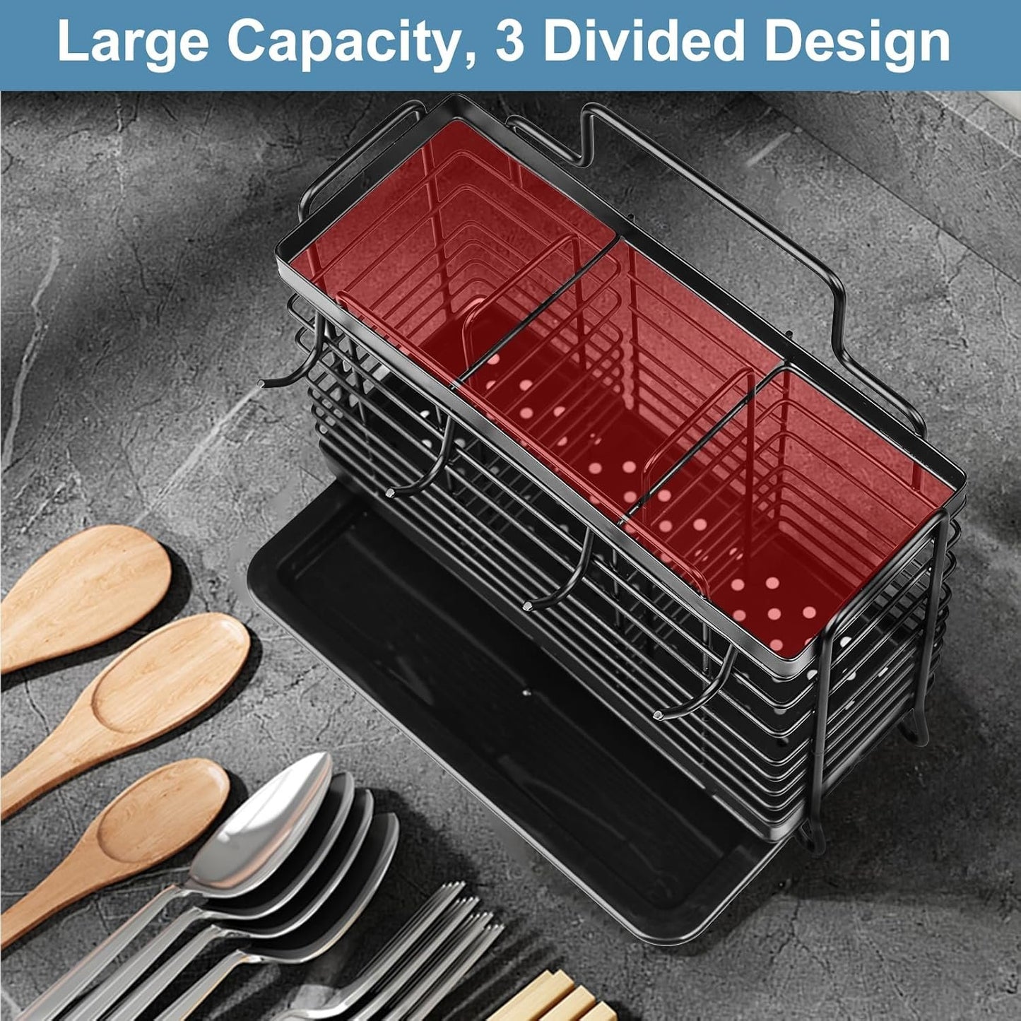 IWNTWY Utensil Holder, 3 Compartments Stainless Steel Utensil Drying Rack, Dish Drainer for Kitchen Counter, Silverware Cutlery Flatware Holder Forks, Knives, Spoons, Chopsticks Organizer (Black)
