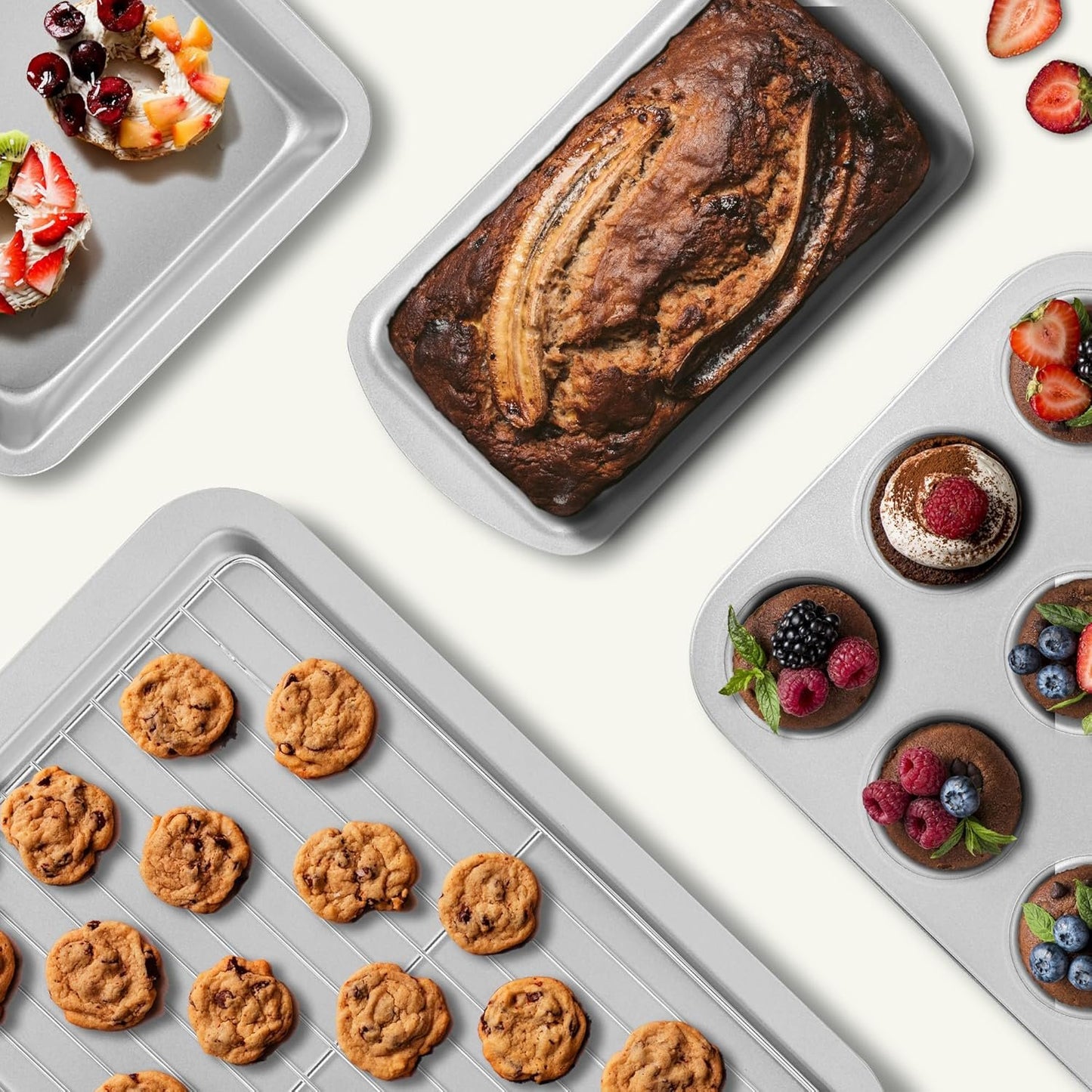KITESSENSU Baking Pans Sets, Nonstick Bakeware Set 7-Piece with Round/Square Cake Pan, Loaf Pan, Muffin Pan, Cookie Sheet, Roast Pan, Cooling Rack, Carbon Steel Bake Set Silver