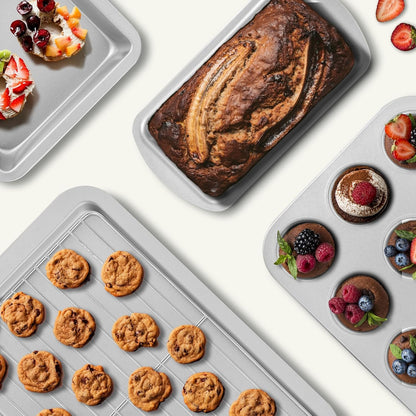 KITESSENSU Baking Pans Sets, Nonstick Bakeware Set 7-Piece with Round/Square Cake Pan, Loaf Pan, Muffin Pan, Cookie Sheet, Roast Pan, Cooling Rack, Carbon Steel Bake Set Silver