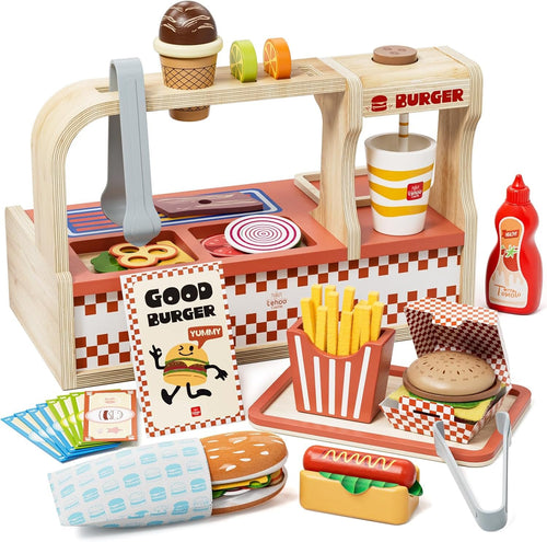 Lehoo Castle Wooden Play Food Sets for Kids Kitchen, Pretend Play Hamburger Counter Shop, Play Kitchen Accessories 3+, Montessori Toys for Toddlers 3-5 Year Old Boys Girls