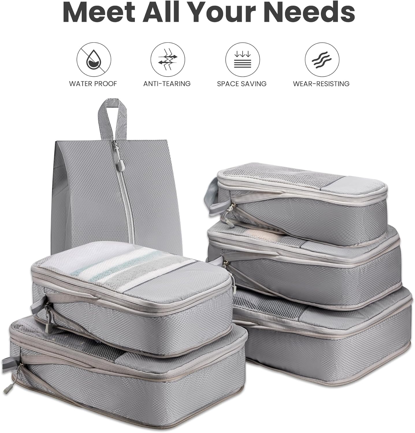 6 Set Compression Packing Cubes Travel Accessories Expandable Packing Organizers, Lightweight Suitcase Organizer Packing Cells Bags Set Travel Essentials, Travel Bags Carry-on Luggage Suitcase Grey