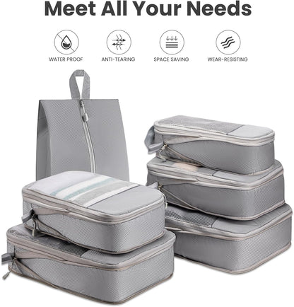 6 Set Compression Packing Cubes Travel Accessories Expandable Packing Organizers, Lightweight Suitcase Organizer Packing Cells Bags Set Travel Essentials, Travel Bags Carry-on Luggage Suitcase Grey