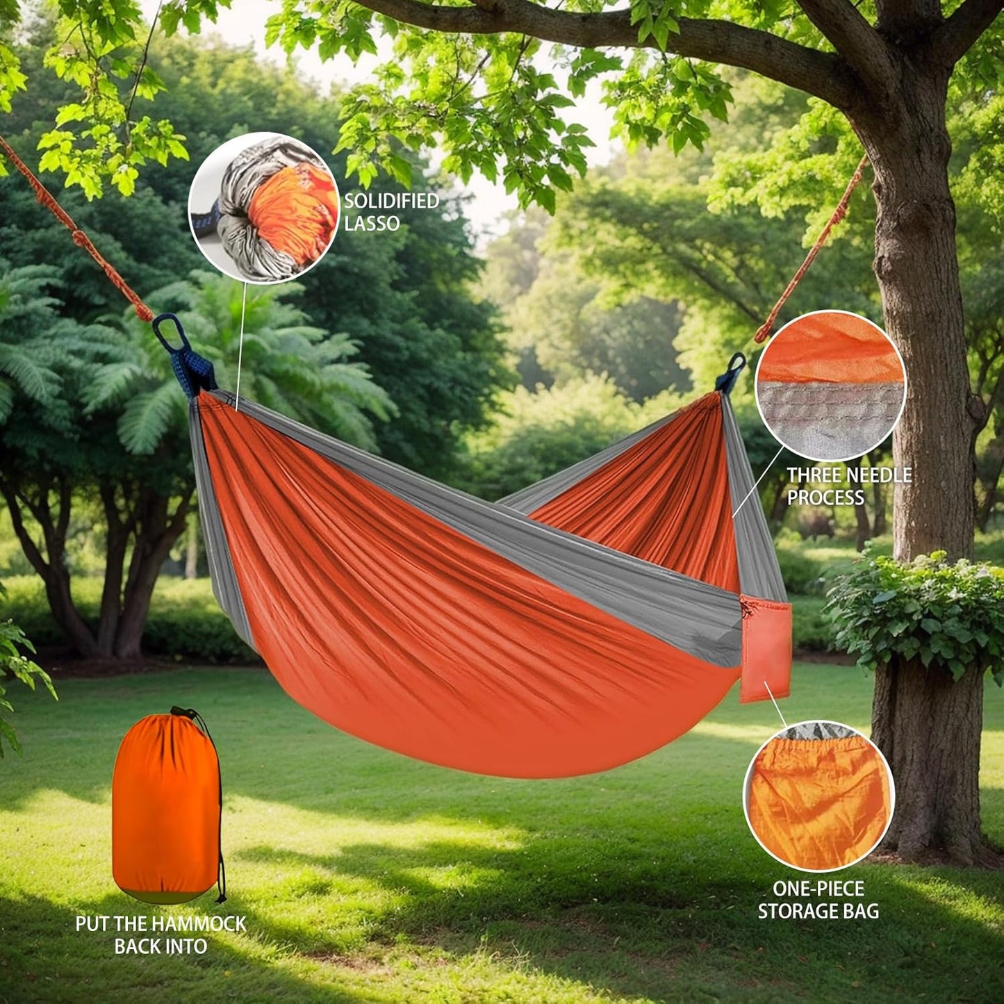 SOOPRNO Camping Hammock. Portable Double and Single Hammock with 2 Tree Straps and Attached Carry Bag. Camping Gear for Outdoor Hiking Camping Beach Backpacking Travel. (Orange & Light Gray)