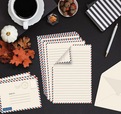 Better Office Products Mini Stationery Set, 100 Piece Set (50 Lined Sheets + 50 Matching Envelopes), 5.5 x 8.25 inch, Vintage Airmail Design, Double Sided Printing, Double Side Lined Paper, by