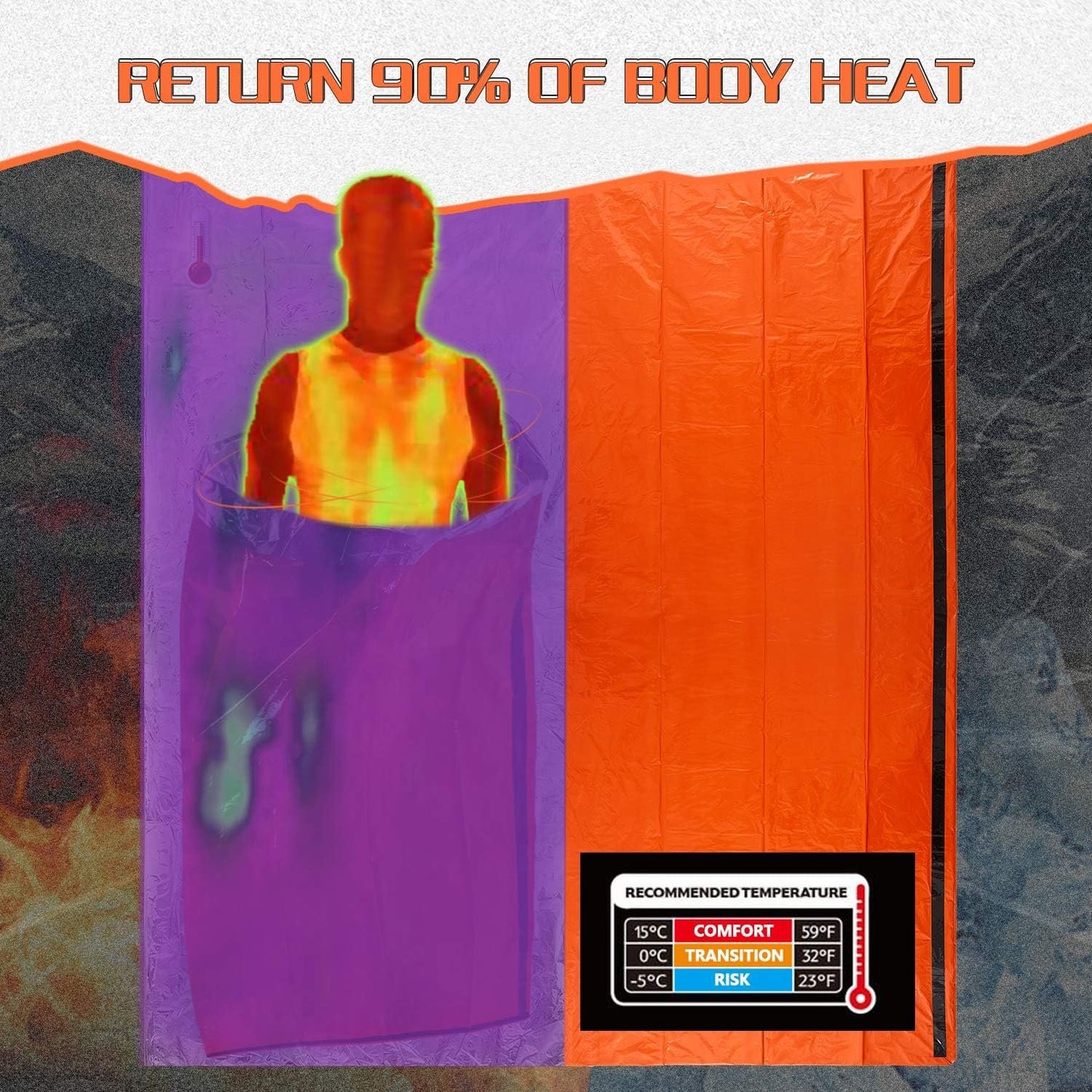 Mezonn PE Emergency Sleeping Bag Survival Bivy Sack- Use as Emergency Space Blanket, Lightweight Sleeping Bag, Survival Gear for Outdoor, Hiking, Camping - Includes Nylon Sack with Carabiner