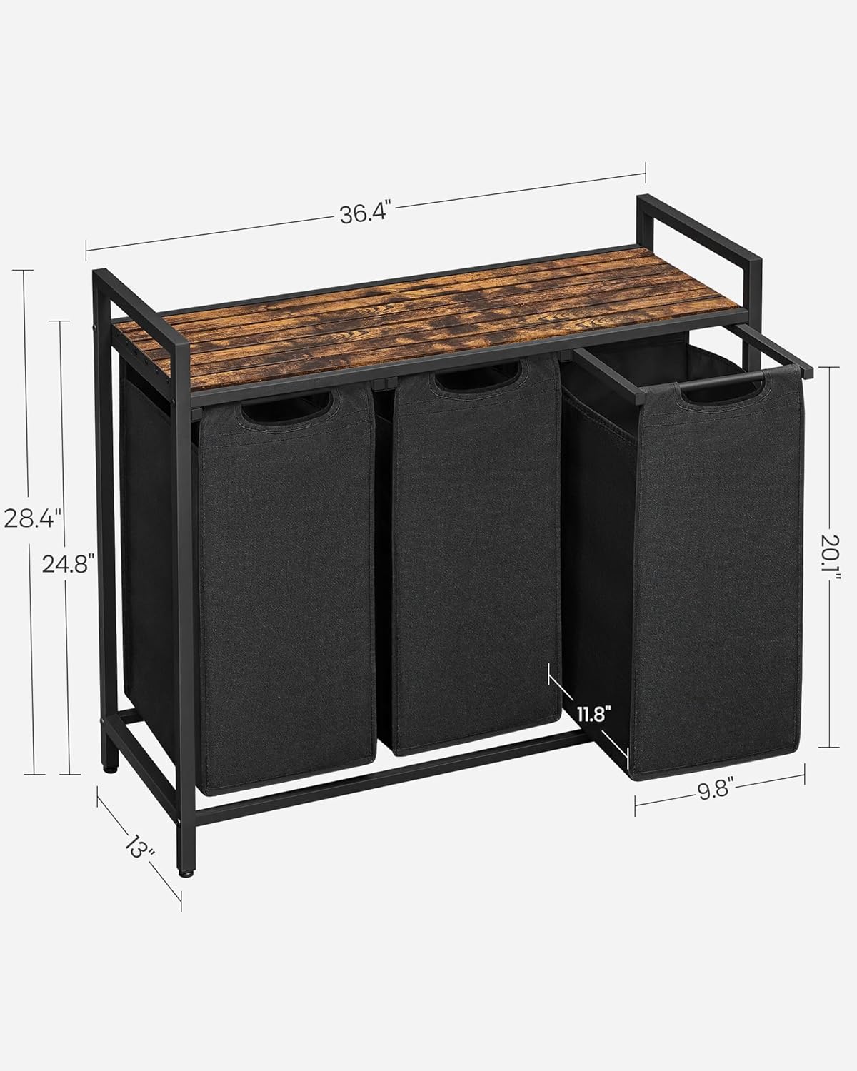 VASAGLE Laundry Hamper, Laundry Basket, Laundry Sorter with 3 Pull-Out and Removable Bags, Shelf, Metal Frame, 3 x 10 Gallons (38L), 36.4 x 13 x 28.4 Inches, Rustic Brown and Black UBLH301B01