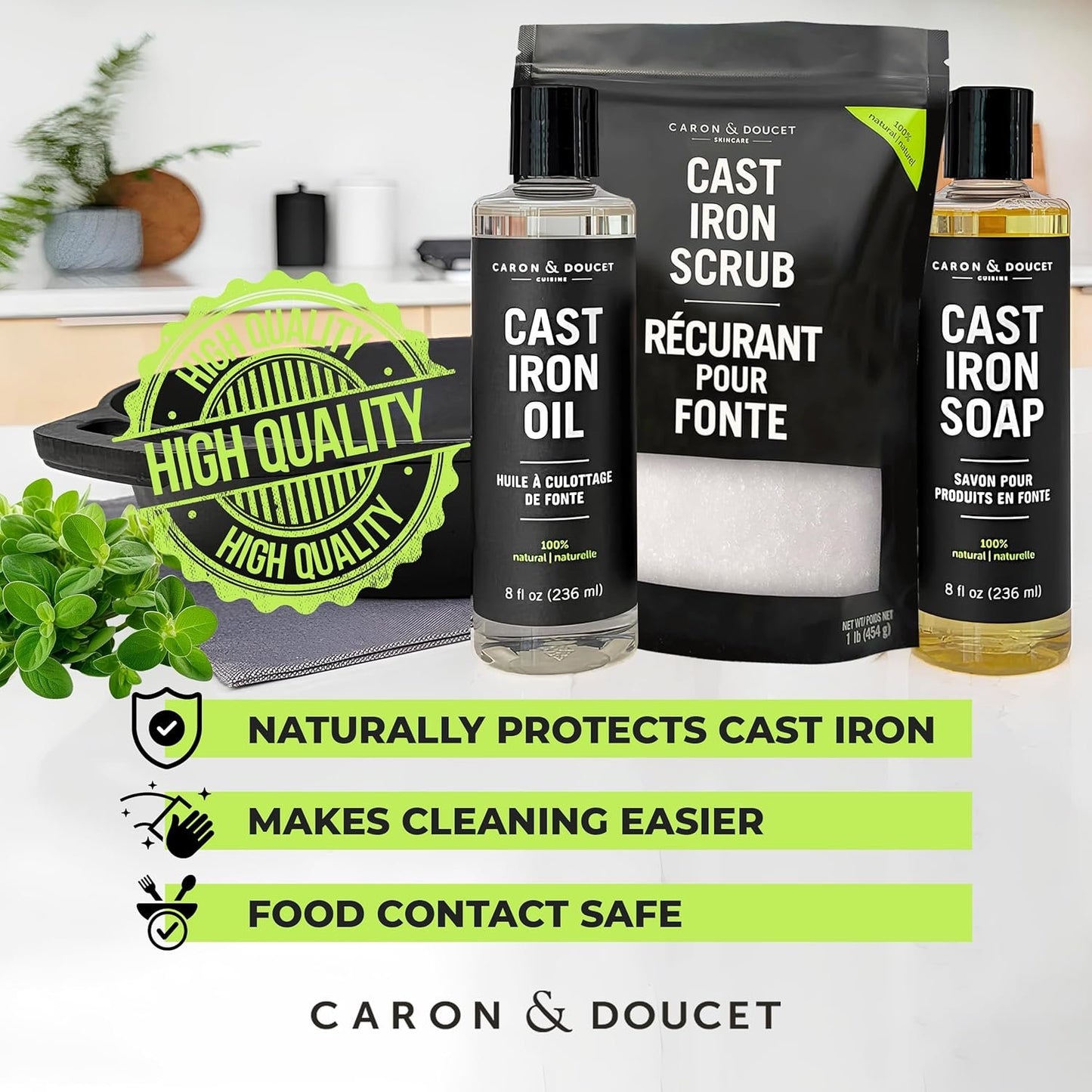CARON & DOUCET – New Ultimate Cast Iron Set: Seasoning Oil, Cleaning Soap & Restoring Scrub | 100% Plant-Based & Best for Cleaning Care, Washing, Restoring & Seasoning Skillets, Pans & Grills!