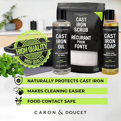 CARON & DOUCET – New Ultimate Cast Iron Set: Seasoning Oil, Cleaning Soap & Restoring Scrub | 100% Plant-Based & Best for Cleaning Care, Washing, Restoring & Seasoning Skillets, Pans & Grills!