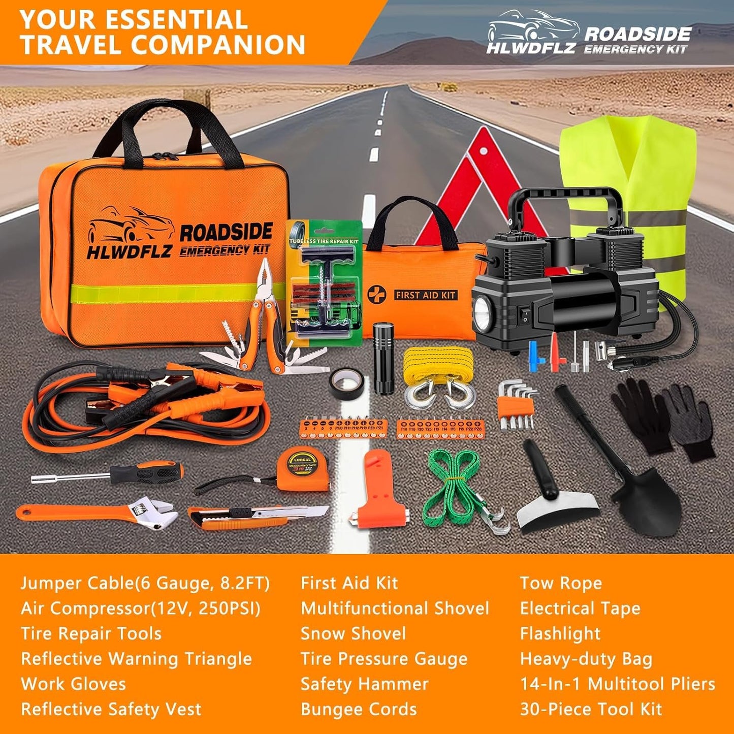 HLWDFLZ Car Emergency Kit - Portable Air Compressor, Roadside & Winter Travel Assistance, Safety Kit for Cars & Trucks (Orange)