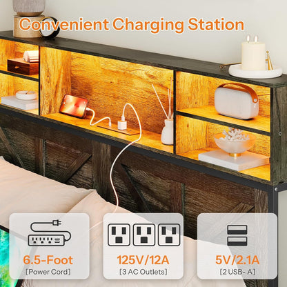 HOOBRO Full Bed Frame with Charging Station, LED Bed Frame with Tall Storage Headboard, Strong Wood Slats, No Box Spring Needed, Noise-Free, Charcoal Gray and Black BC05UDBF01