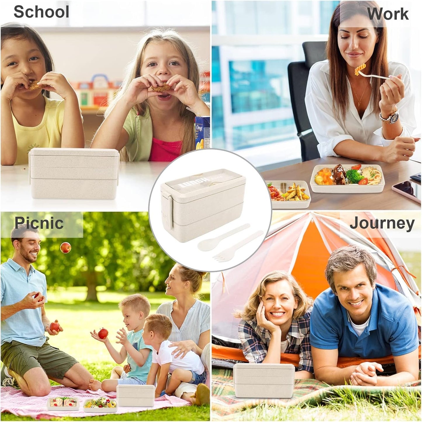 Yirochan 3 Layer Bento Box for Adults, 4-in-1 Meal Prep Container with Fork & Spoon, 1000ml Food Storage for Men Women Student School Office, Microwave Dishwasher Safe Available (Beige)