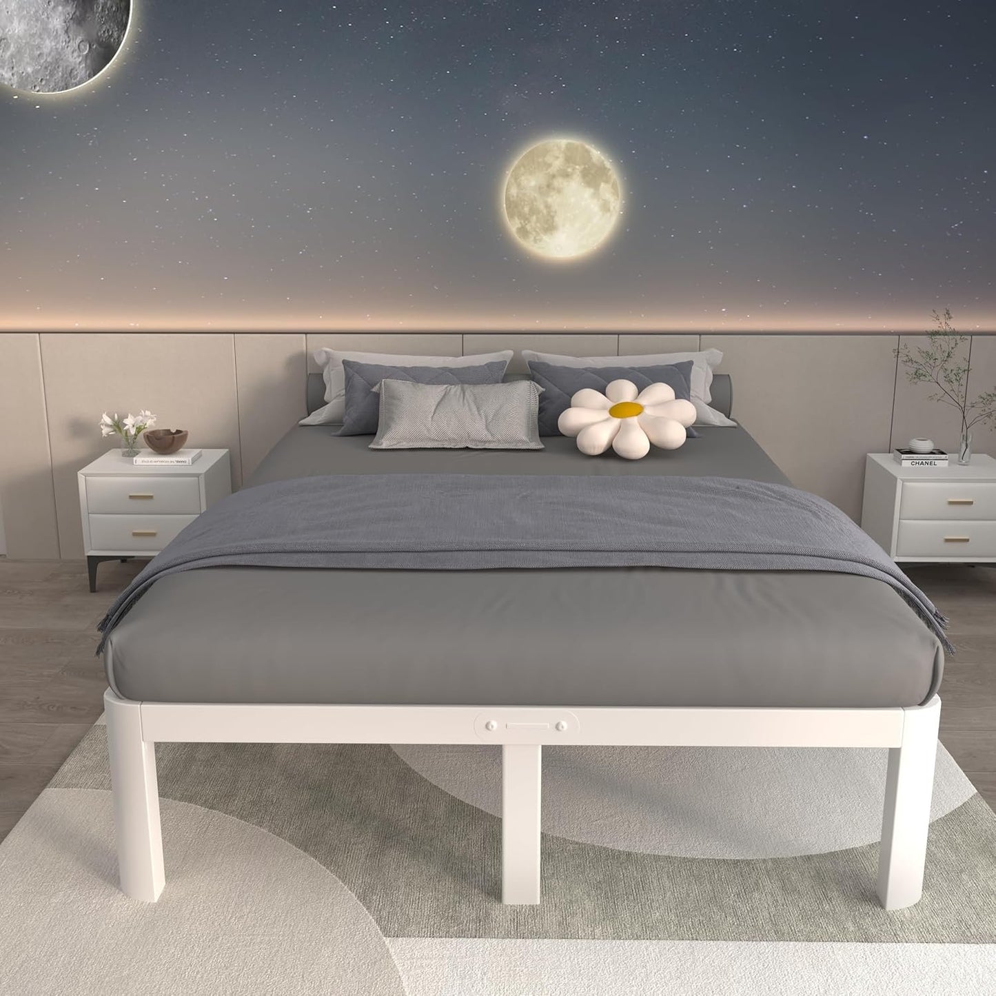 ITIMIDI 14 Inch White Full Size Bed Frame with Round Legs, Metal Platform Bed Frame Full No Box Spring Needed, DIY Headboard, Heavy Duty Steel, Noiseless, Storage Space, Easy Assembly
