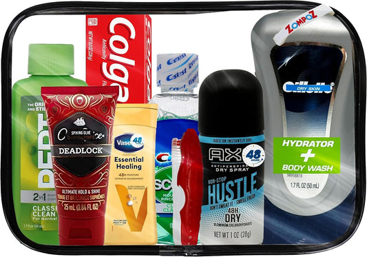 Travel Toiletries Kit Gift for Men, Father's Day Gift Travel Bag of Hygiene Essentials for Bath, Shaving and Personal Care, 8 Mini TSA Approved Items in Reusable Zipper Bag, Perfect for On-The-Go