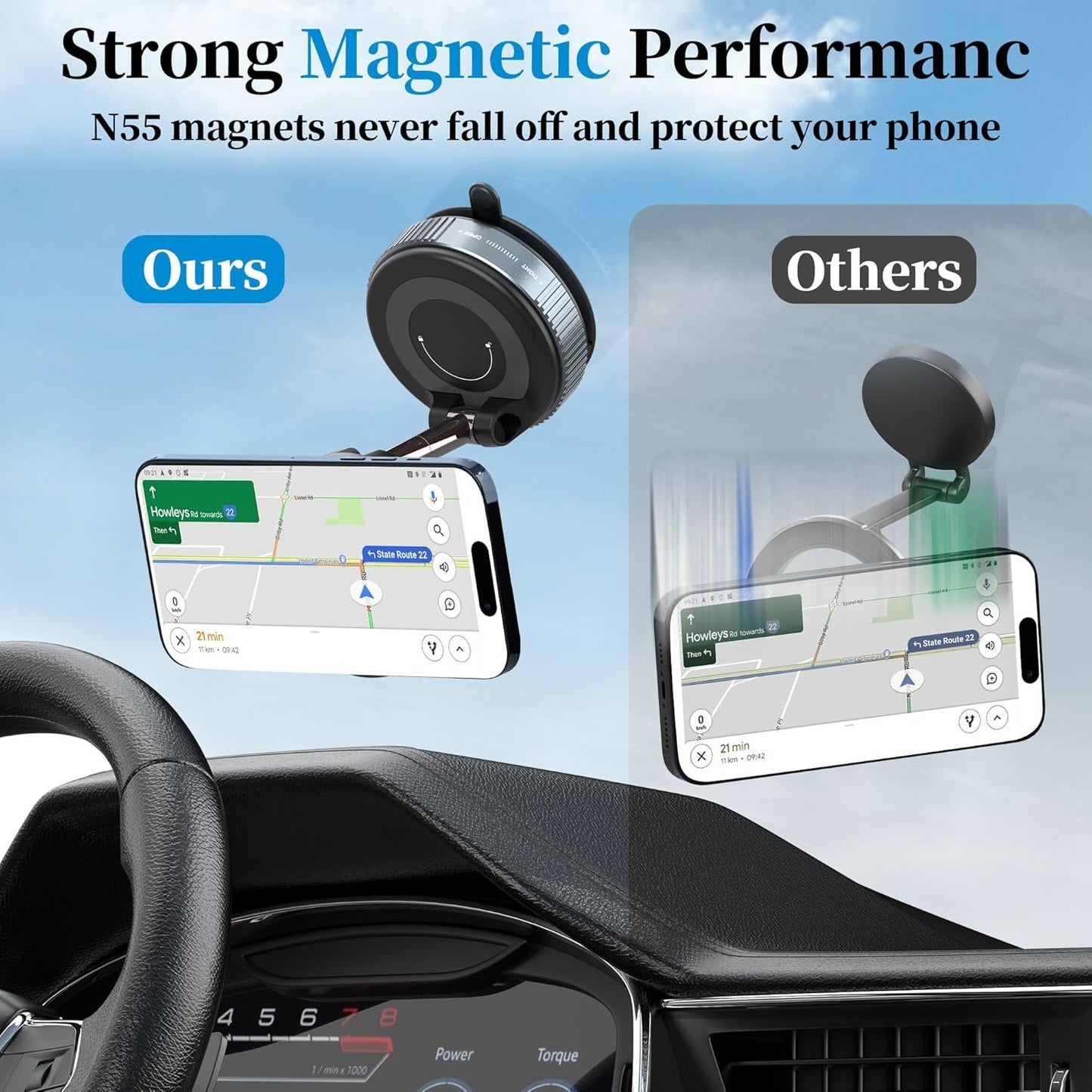 PlusAcc Vacuum Magnetic Car Phone Holder - Suction Cup Phone Mount 360° Rotatable Foldable Portable Strong Magnet Stand for iPhone 16/15/14/13 & Samsung in Gym, Mirror,Smooth Surface, All Vehicles